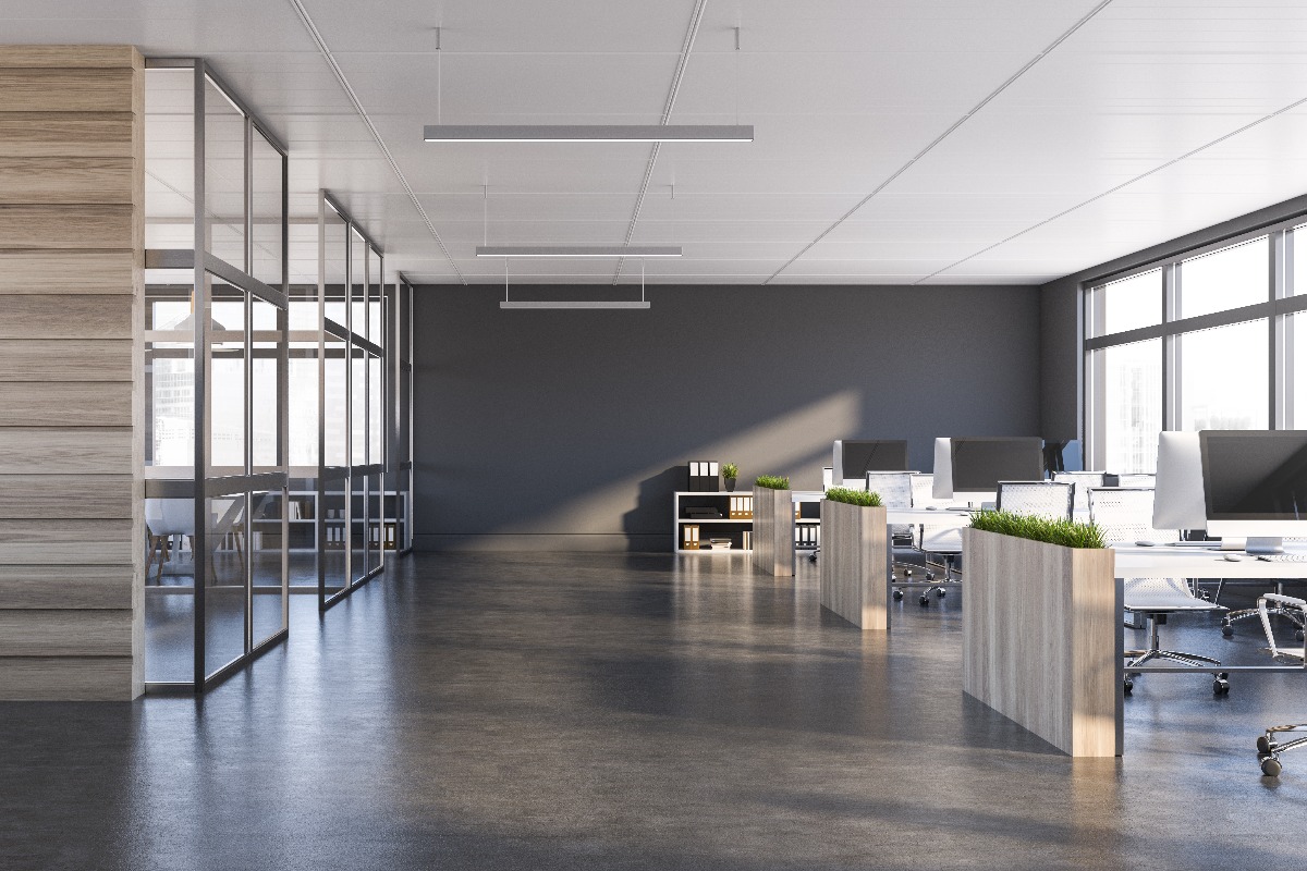 Gray and dark wood open space office interior