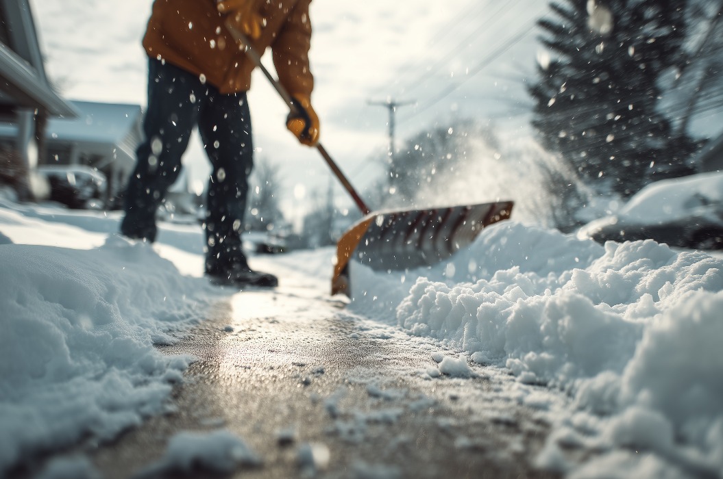 Eine Person, die nach einem winterlichen Schneefall mit einer Schaufel den Gehweg vom Schnee befreit. Saisonale Instandhaltung, Hauspflege, kaltes Wetter, Schneeräumung und Winter-Sicherheitskonzept.