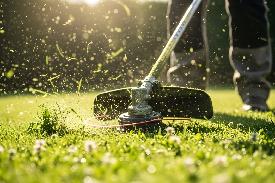 Präzise Rasenpflege: Mit einem professionellen Rasentrimmer den perfekten Schnitt erzielen – für einen gesunden, üppig grünen Rasen im Garten im Licht der „Golden Hour“ des Sommers 180 Zeichen